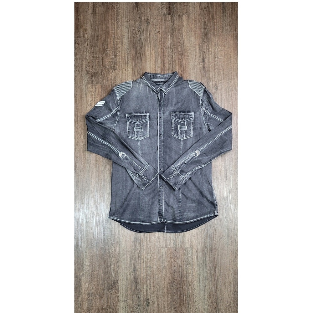 Buckle‎ Black Shirt Mens Large Black Western Snap Moto Biker Y2K Contrast Stitch